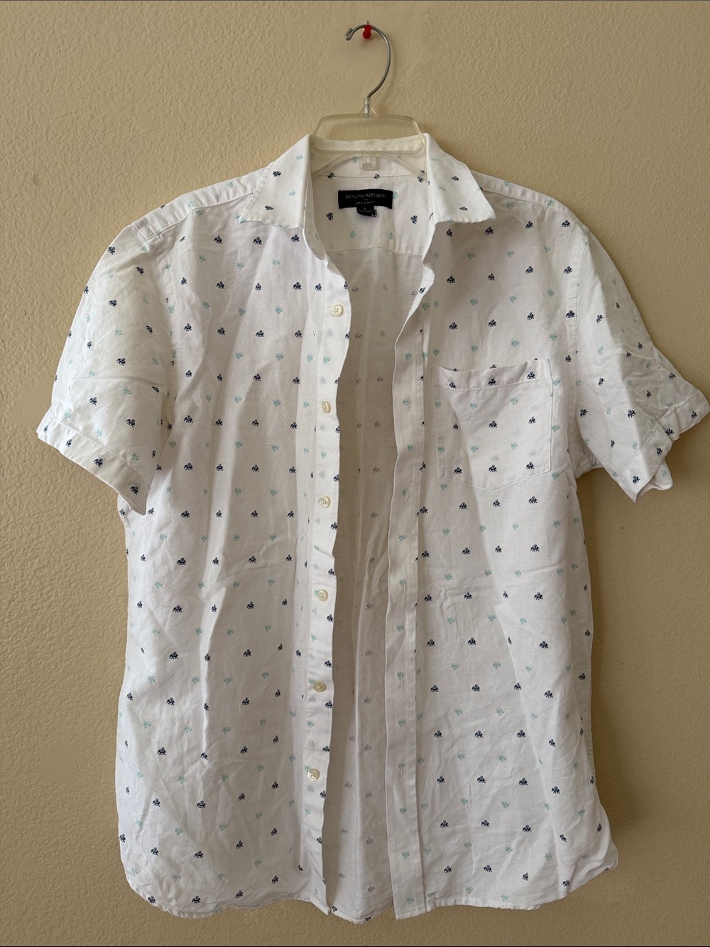 Banana Republic White Short-Sleeve Button-Down with Navy & Teal Micro Print